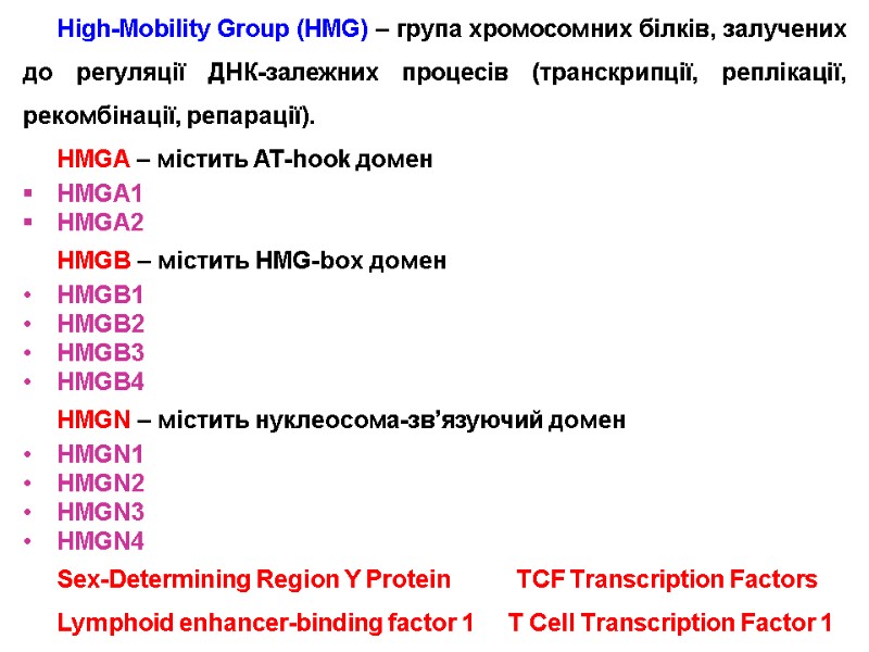 High-Mobility Group (HMG) – група хромосомних білків, залучених до регуляції ДНК-залежних процесів (транскрипції, реплікації,